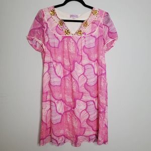 CALYPSO CHRISTIANE CELLE Pink Embellished Short Sleeve Silk Mini Dress Sz S/M